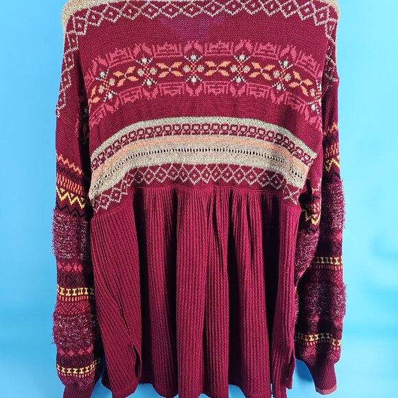 ✨ Free People Metallic Fair Isle Tunic Sweater – Size L (Burgundy Multi) - Picture 6 of 10